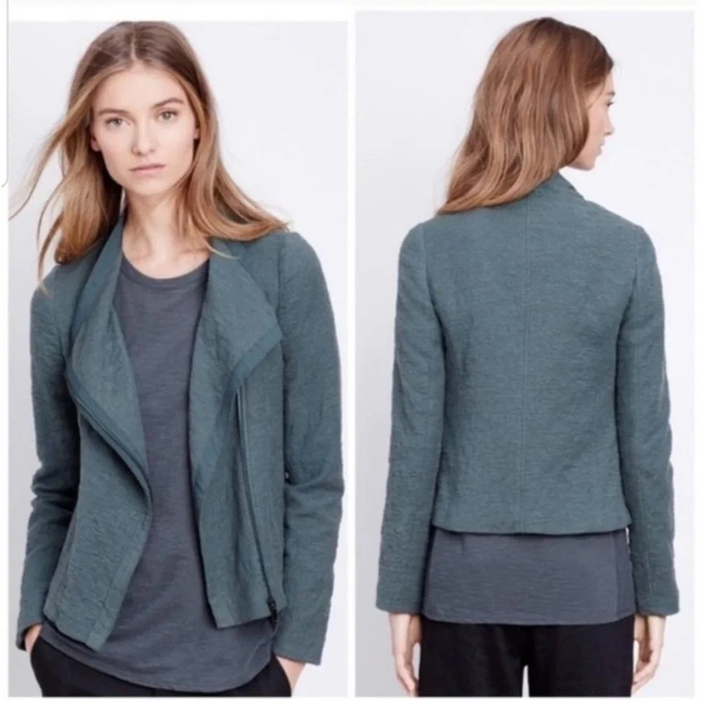 Vince Cypress Scuba Frise Moto Jacket XS Green Asymmetrical Zip Stretch Travel